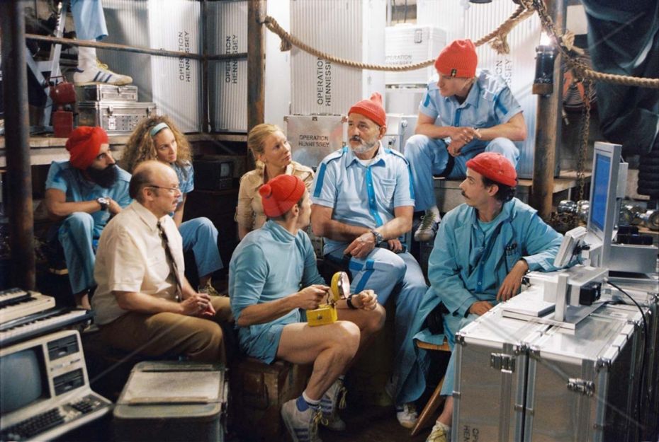 Pictured: Members of Team Zissou, left to right - Vikram Ray (WARIS AHLUWALIA), Anne-Marie Sakowitz (ROBYN COHEN), Bill Ubell (BUD CORT), Jane Winslett-Richardson (CATE BLANCHETT), Klaus Daimler (WILLEM DAFOE), Steve Zissou (BILL MURRAY), Ned Plimpton (OWEN WILSON), and Vladimir Wolodarsky (NOAH TAYLOR) in a scene from THE LIFE AQUATIC WITH STEVE ZISSOU, directed by Wes Anderson. Distributed by Buena Vista International. THIS MATERIAL MAY BE LAWFULLY USED IN ALL MEDIA ONLY TO PROMOTE THE RELEASE OF THE MOTION PICTURE ENTITLED "THE LIFE AQUATIC WITH STEVE ZISSOU" DURING THE PICTURE'S PROMOTIONAL WINDOWS. ANY OTHER USE, RE-USE, DUPLICATION OR POSTING OF THIS MATERIAL IS STRICTLY PROHIBITED WITHOUT THE EXPRESS WRITTEN CONSENT OF TOUCHSTONE PICTURES. AND COULD RESULT IN LEGAL LIABILITY. YOU WILL BE SOLELY RESPONSIBLE FOR ANY CLAIMS, DAMAGES, FEES, COSTS, AND PENALTIES ARISING OUT OF UNAUTHORIZED USE OF THIS MATERIAL BY YOU OR YOUR AGENTS.